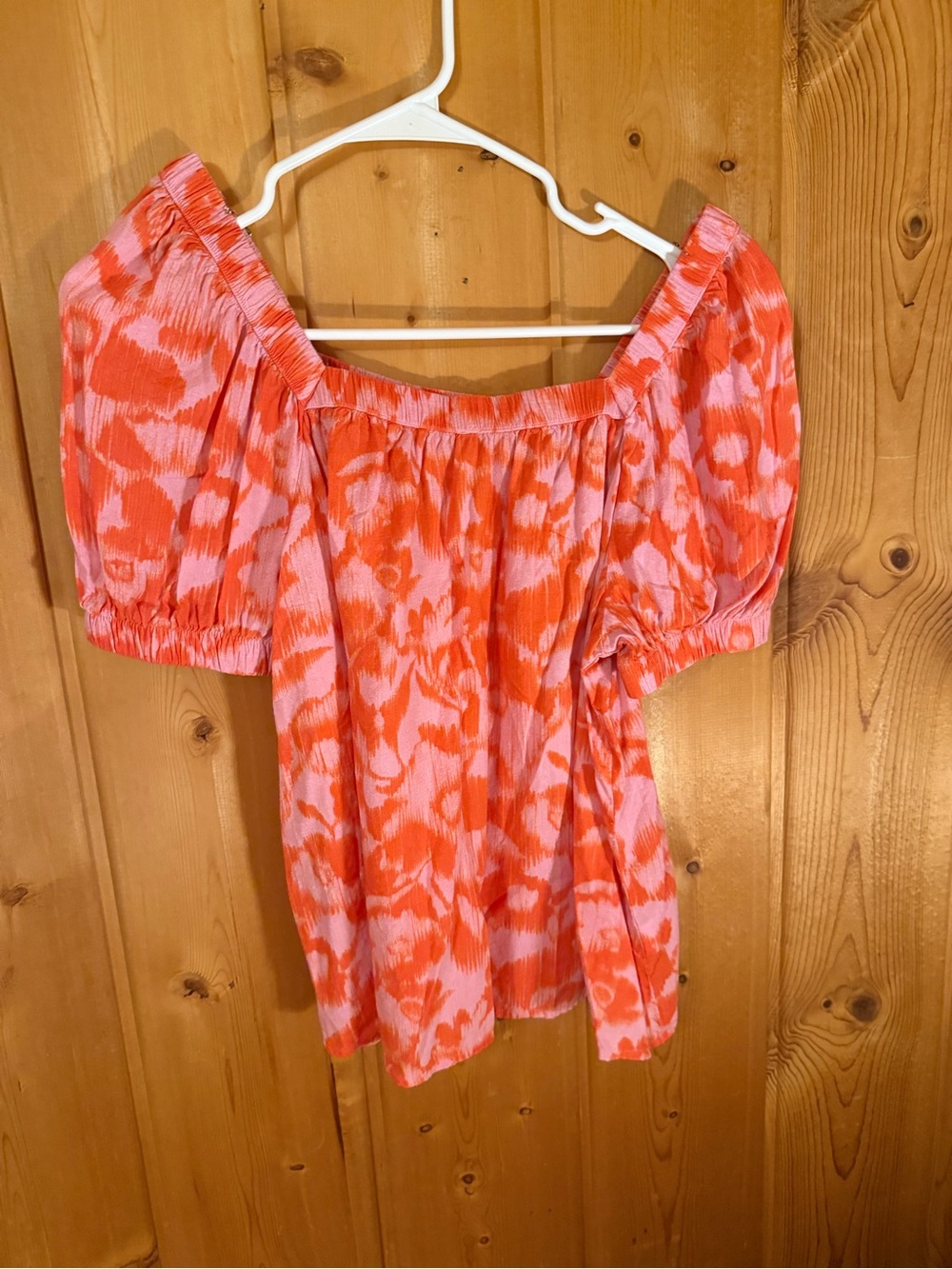 Sonoma Off-Shoulder Puff Sleeve Tunic - Pink & Orange Abstract